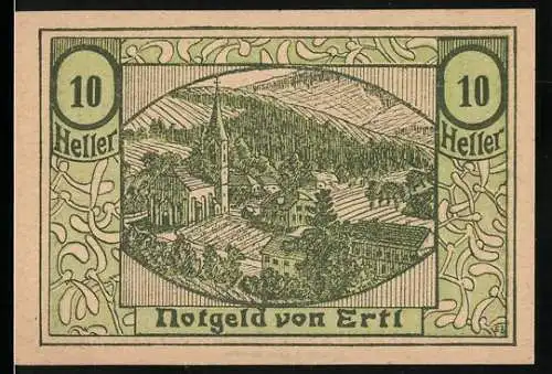 Notgeld Ertl 1920, 10 Heller, Dorflandschaft mit Kirche und Hügeln