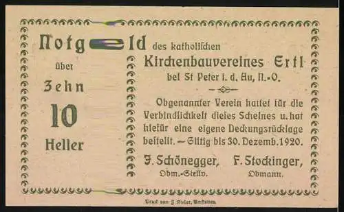 Notgeld Ertl 1920, 10 Heller, Dorflandschaft mit Kirche und Hügeln