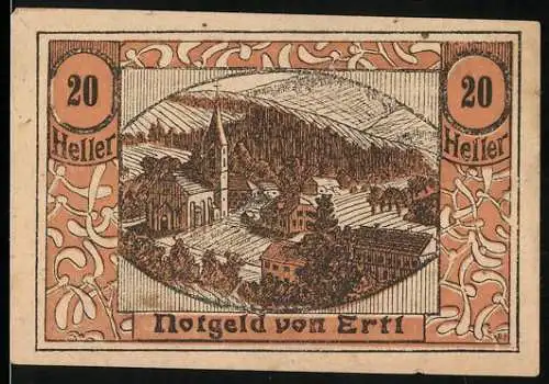 Notgeld Ertl 1920, 20 Heller, Dorflandschaft mit Kirche, Ornamentrahmen