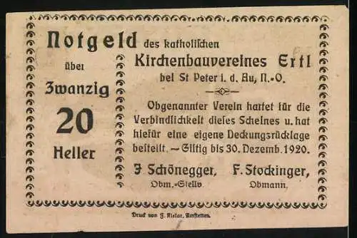 Notgeld Ertl 1920, 20 Heller, Dorflandschaft mit Kirche, Ornamentrahmen