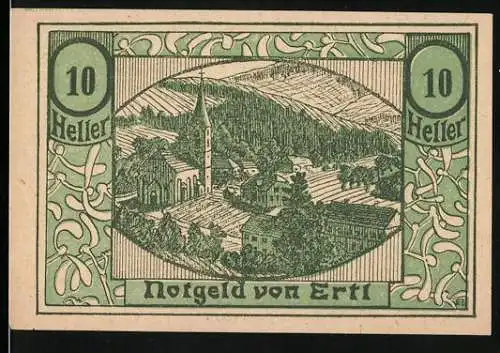 Notgeld Ertl 1920, 10 Heller, Landschaft mit Kirche und Feldern