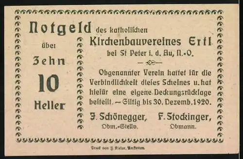 Notgeld Ertl 1920, 10 Heller, Landschaft mit Kirche und Feldern