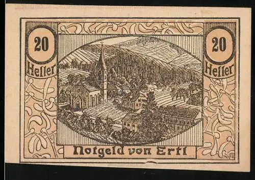 Notgeld Ertl 1920, 20 Heller, Dorfansicht mit Kirche, herausgegeben vom Kirchenbauverein Ertl