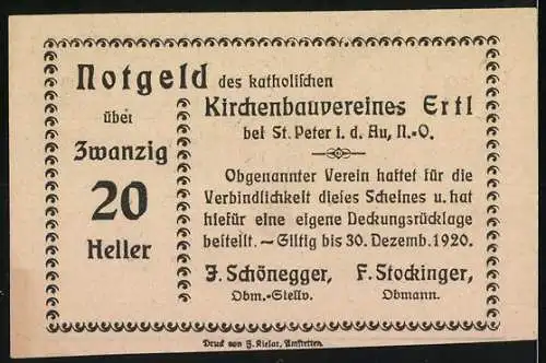 Notgeld Ertl 1920, 20 Heller, Dorfansicht mit Kirche, herausgegeben vom Kirchenbauverein Ertl