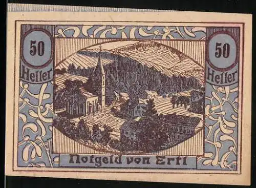 Notgeld Ertl 1920, 50 Heller, Landschaft mit Kirche und Dörfern