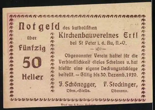 Notgeld Ertl 1920, 50 Heller, Landschaft mit Kirche und Dörfern