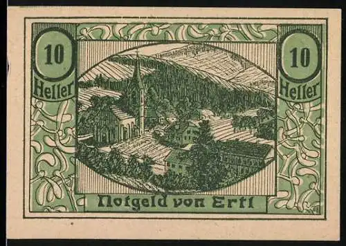 Notgeld Ertl 1920, 10 Heller, Landschaft mit Kirche und Hügeln