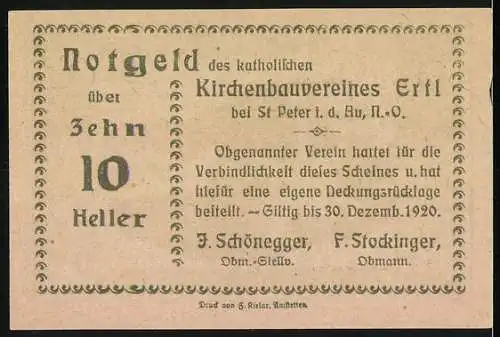 Notgeld Ertl 1920, 10 Heller, Landschaft mit Kirche und Hügeln