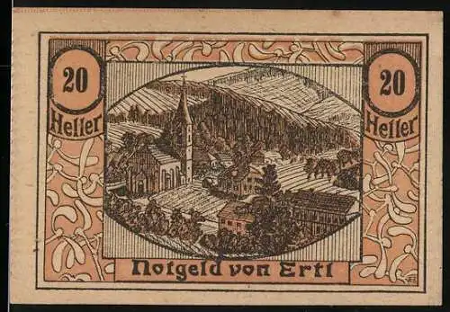 Notgeld Ertl 1920, 20 Heller, Dorfansicht mit Kirche und Berglandschaft