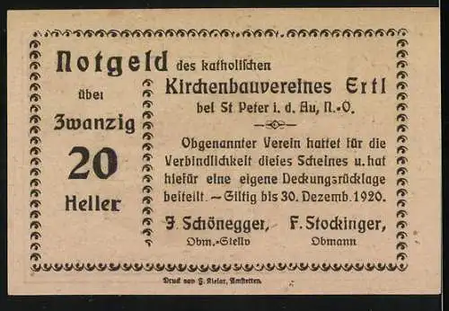 Notgeld Ertl 1920, 20 Heller, Dorfansicht mit Kirche und Berglandschaft