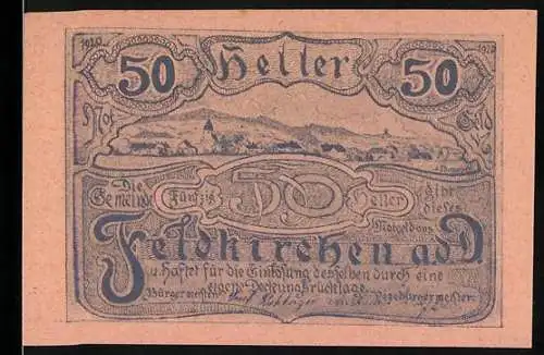 Notgeld Feldkirchen 1920, 50 Heller, Landschaft mit Gebäude und Bergblick, Landgut Abbildung