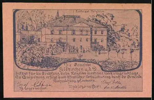 Notgeld Feldkirchen 1920, 50 Heller, Landschaft mit Gebäude und Bergblick, Landgut Abbildung