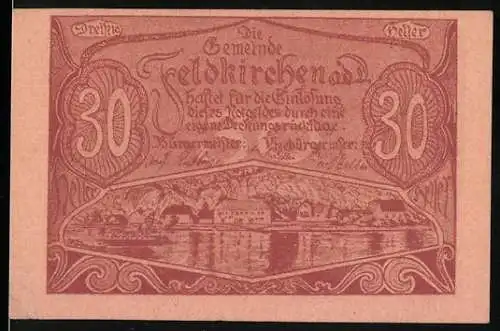 Notgeld Feldkirchen an der Donau, 30 Heller, Landschaftsansicht und Gebäudeillustration