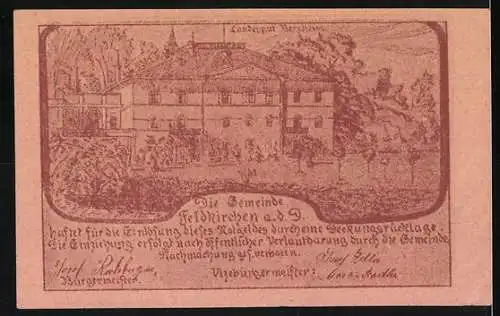 Notgeld Feldkirchen an der Donau, 30 Heller, Landschaftsansicht und Gebäudeillustration