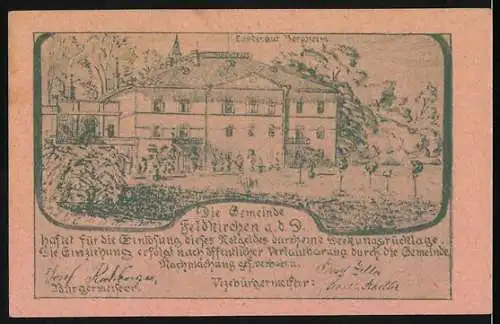 Notgeld Feldkirchen 1920, 20 Heller, Felsen und Landschaft, Gebäudeansicht