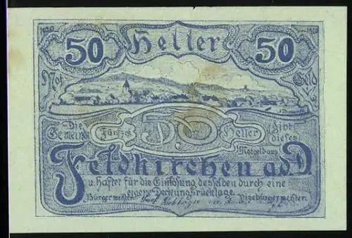 Notgeld Feldkirchen 1920, 50 Heller, Landschaft und Gebäudeansicht