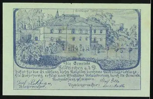 Notgeld Feldkirchen 1920, 50 Heller, Landschaft und Gebäudeansicht