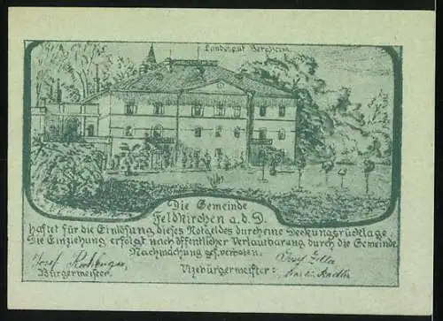 Notgeld Feldkirchen 1920, 20 Heller, Landschaft und Gebäudeansicht, Gemeinde Feldkirchen a.d.D