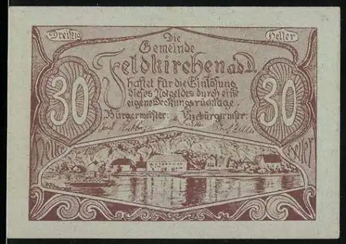 Notgeld Feldkirchen a.d.D., 30 Heller, Ansicht der Gemeinde und Gebäude im Detail