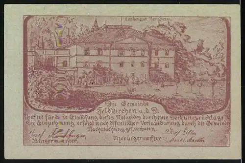 Notgeld Feldkirchen a.d.D., 30 Heller, Ansicht der Gemeinde und Gebäude im Detail