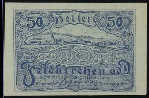 Notgeld Feldkirchen an der Donau 1920, 50 Heller, Landschaft und Gebäudeansicht