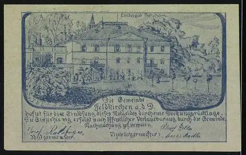 Notgeld Feldkirchen an der Donau 1920, 50 Heller, Landschaft und Gebäudeansicht