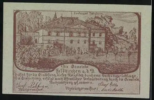 Notgeld Feldkirchen, 30 Heller, Dorf und Landgutansicht mit Bergen im Hintergrund