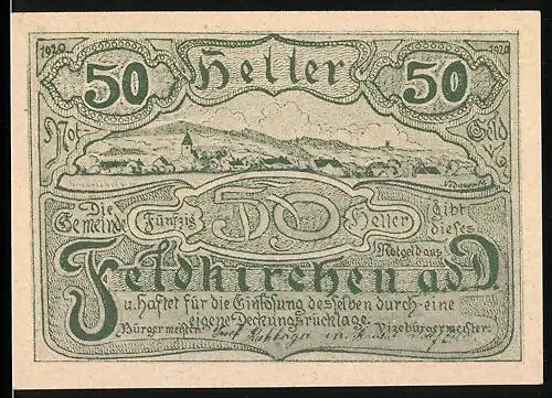 Notgeld Feldkirchen an der Donau 1920, 50 Heller, Landschaftsansicht und Landgut-Motiv