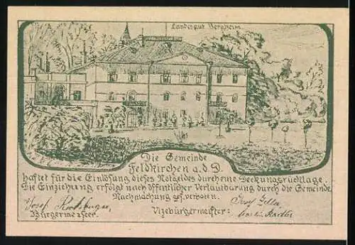 Notgeld Feldkirchen an der Donau 1920, 50 Heller, Landschaftsansicht und Landgut-Motiv