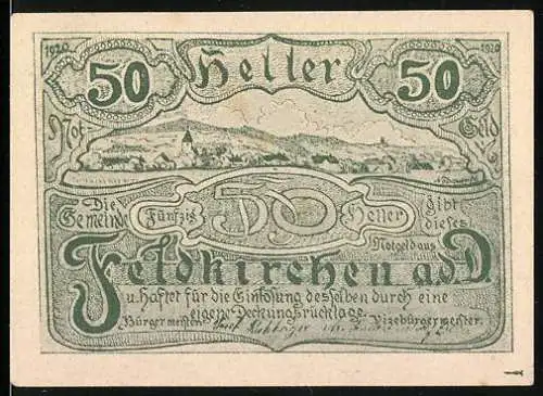 Notgeld Feldkirchen 1920, 50 Heller, Landschaftspanorama und Landgut