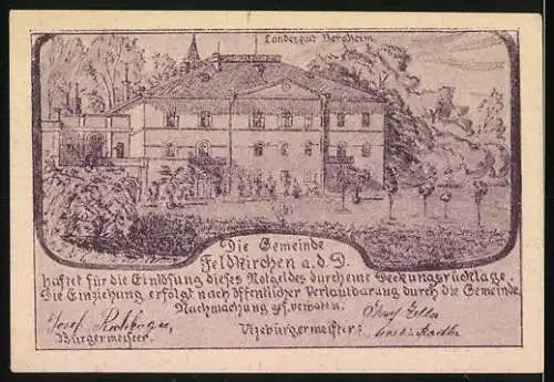 Notgeld Feldkirchen 1920, 20 Heller, Turm und Gebäudeansicht, Landschaftspanorama