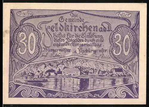 Notgeld Feldkirchen an der Donau, 30 Heller, Flusslandschaft und Landgut Bergheim