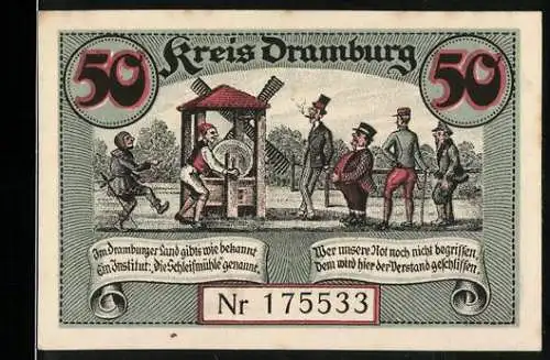 Notgeld Dramburg 1920, 50 Pfennig, humoristisches Motiv mit Scherenstuhl und Bauer mit Getreidebündel, Nr. 175533