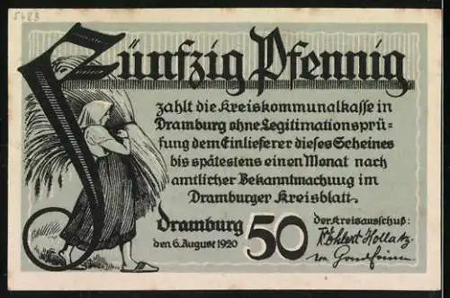 Notgeld Dramburg 1920, 50 Pfennig, humoristisches Motiv mit Scherenstuhl und Bauer mit Getreidebündel, Nr. 175533