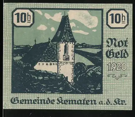 Notgeld Kematen 1920, 10 Heller, Kirche und Figur mit Keule auf Pergamentrolle