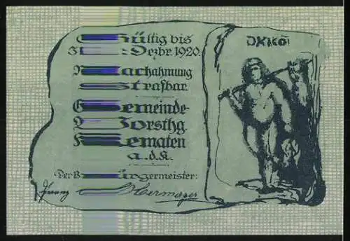 Notgeld Kematen 1920, 10 Heller, Kirche und Figur mit Keule auf Pergamentrolle