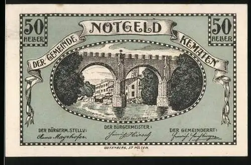 Notgeld Kematen 1920, 50 Heller, Steinbrücke über Fluss, Gemeindevertreter benannt