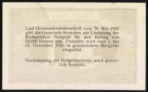 Notgeld Kematen 1920, 50 Heller, Steinbrücke über Fluss, Gemeindevertreter benannt