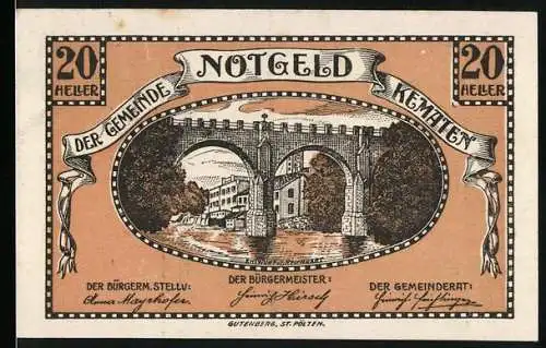 Notgeld Kematen 1920, 20 Heller, Brücke über Fluss, Gemeinderatsbeschluss erwähnt