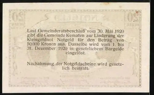 Notgeld Kematen 1920, 20 Heller, Brücke über Fluss, Gemeinderatsbeschluss erwähnt