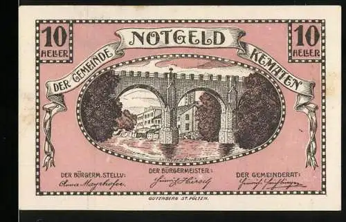 Notgeld Kematen 1920, 10 Heller, Brücke über Fluss, Gemeinderatsbeschluss zur Ausgabe von Notgeld