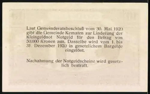 Notgeld Kematen 1920, 10 Heller, Brücke über Fluss, Gemeinderatsbeschluss zur Ausgabe von Notgeld