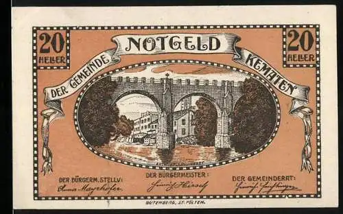 Notgeld Kematen 1920, 20 Heller, Brücke über Fluss mit Gebäuden und Bäumen