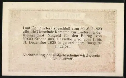 Notgeld Kematen 1920, 20 Heller, Brücke über Fluss mit Gebäuden und Bäumen