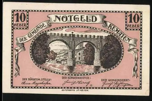 Notgeld Kematen 1920, 10 Heller, Brücke über Fluss mit Gebäuden im Hintergrund