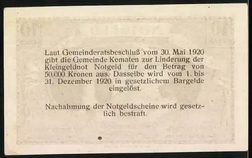 Notgeld Kematen 1920, 10 Heller, Brücke über Fluss mit Gebäuden im Hintergrund