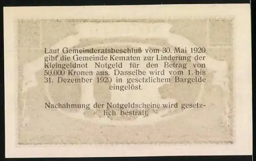 Notgeld Kematen 1920, 50 Heller, Brücke über Fluss, Gemeinderatsbeschluss auf Rückseite