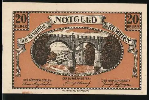 Notgeld Kematen 1920, 20 Heller, Brücke über Fluss, Bäume und Gebäude im Hintergrund