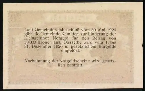 Notgeld Kematen 1920, 20 Heller, Brücke über Fluss, Bäume und Gebäude im Hintergrund