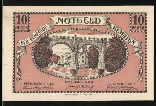 Notgeld Kematen 1920, 10 Heller, Brücke über Flussmotiv